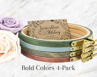 Bold Colors 4-Pack Premium Beechwood Hand-Stained Embroidery Hoops; Sizes 3"-9", 4x6" or 5x8" Oval; High-Quality Hardwood Hoops