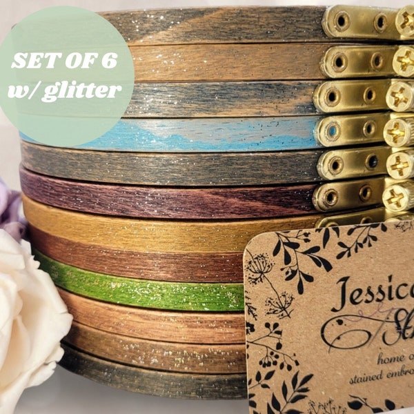 SET OF 6 GLITTER Hand-Stained Embroidery Hoops; High-Quality Premium Beechwood; Sizes 3"-9", 4x6" or 5x8" Oval; Multiple Colors Available