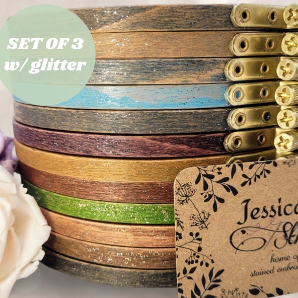 SET OF 3 GLITTER Hand-Stained Embroidery Hoops; High-Quality Premium Beechwood; Sizes 3"-9", 4x6" or 5x8" Oval; Multiple Colors Available