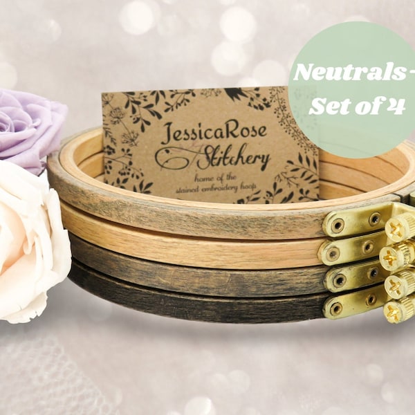 Neutrals 4-Pack Premium Beechwood Hand-Stained Embroidery Hoops; Sizes 3"-9", 4x6" or 5x8" Oval; High-Quality Hardwood Hoops
