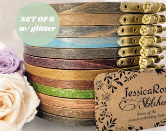 SET OF 6 GLITTER Hand-Stained Embroidery Hoops; High-Quality Premium Beechwood; Sizes 3"-9", 4x6" or 5x8" Oval; Multiple Colors Available