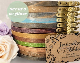 SET OF 3 GLITTER Hand-Stained Embroidery Hoops; High-Quality Premium Beechwood; Sizes 3"-9", 4x6" or 5x8" Oval; Multiple Colors Available