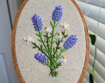 Lavender & Chamomile Bouquet Hand Embroidery in a Hand-Stained Hoop- Wall Art (4x6 inch)- Made to Order