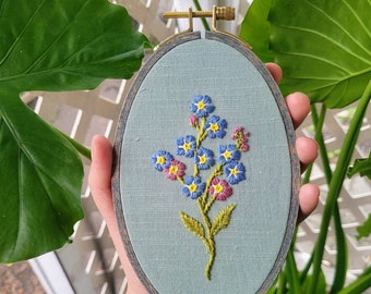 Forget Me Not Floral Hand Embroidery in a Hand-Stained Hoop- Wall Art (4x6 inch)- Made to Order