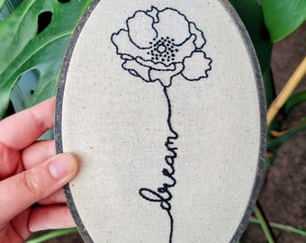 Dream Poppy Hand Embroidery Hoop- Oval Wall Art (5x8 inch)- Original/Ready to Ship