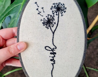 Wish Dandelion Hand Embroidery Hoop- Oval Wall Art (5x8 inch)- Original/Ready to Ship