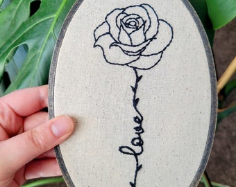 Love Rose Hand Embroidery Hoop- Oval Wall Art (5x8 inch)- Original/Ready to Ship