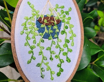 Hanging Plant Hand Embroidery in a Hand-Stained Hoop- Golden Pothos- Wall Art (4x6 inch)- Original/Ready to Ship