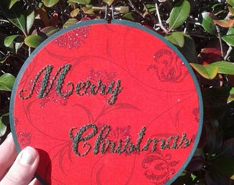 CLEARANCE Merry Christmas Hand Embroidery in a Hand Painted Hoop- Wall Art (6 inch)- Original/Ready to Ship