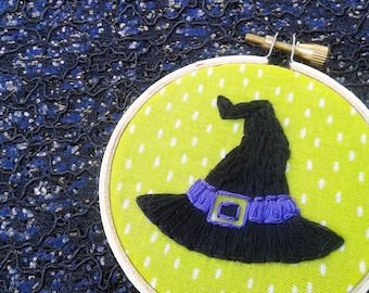 CLEARANCE Witch's Hat Halloween Hand Embroidery Hoop- Wall Art (3 inch)- Original/Ready to Ship