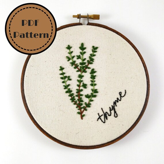 Botanical embroidery, Thyme herbal embroidery hoop