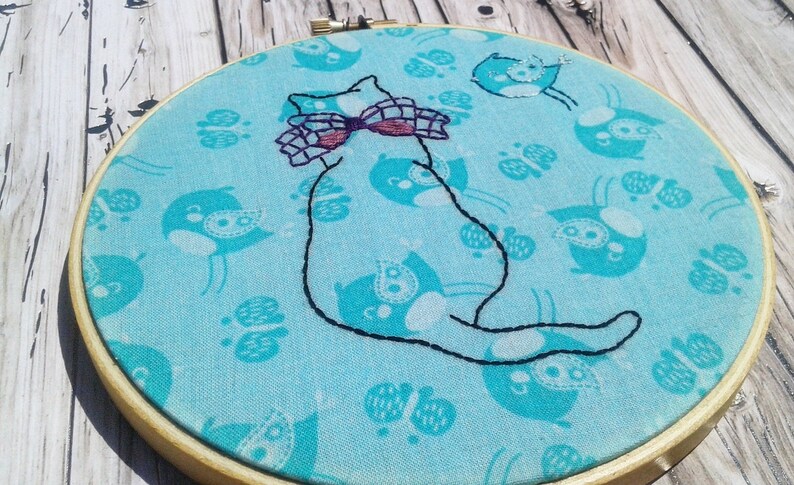 CLEARANCE Birdwatching Cat Hand Embroidery Hoop Wall Art 6 inch Original/Ready to Ship image 1