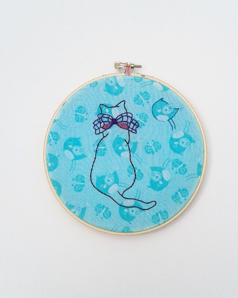 CLEARANCE Birdwatching Cat Hand Embroidery Hoop Wall Art 6 inch Original/Ready to Ship image 2