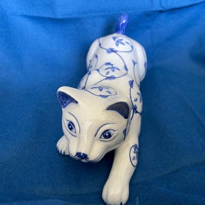 Vintage Thailand Blue White Ceramic Cat