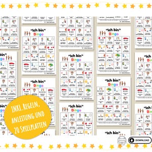 May include: A collection of printed bingo cards with the title "Ich bin Bingo" in German. Each card features a grid of images and words. A yellow circle with text in German reads "INKL. REGELN, ANLEITUNG UND 20 SPIELPLATTEN".