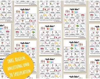 Könnte beinhalten: Eine Sammlung von Bingo-Karten mit dem Titel "Ich bin Bingo". Jede Karte zeigt ein Raster aus Bildern und Wörtern. Ein gelber Kreis mit deutschem Text lautet "INKL. REGELN, ANLEITUNG UND 20 SPIELPLATTEN".