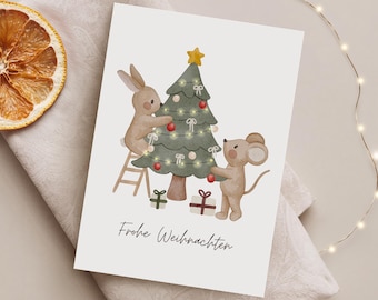 Weihnachtskarte | Frohe Weihnachten | Aquarell Maus Hase und Tannenbaum | DIN A6 Grußkarte | Karte zu Weihnachten | Winterkarte Skandinavien