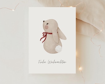 Weihnachtskarte | Frohe Weihnachten | Aquarell Hase mit roter Schleife | DIN A6 Grußkarte | Karte zu Weihnachten | Winterkarte Skandinavien