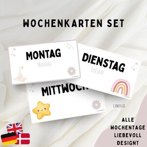 Digitale Wochentags-Karten – Deutsch, Dänisch & Englisch | Lernkarten für Kinder | Sofortiger Download