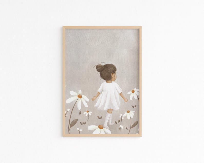 May include: A framed art print featuring a young girl in a white dress and socks, walking through a field of large white daisies. The artwork has a soft, muted color palette with a light brown frame, suitable for a nursery or children's room.