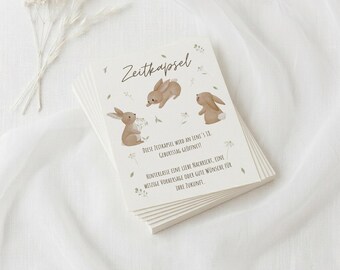 Zeitkapsel Karten zum Ausfüllen | Aquarell-Hasen A6 | Babyshower -Erinnerungsbox Geschenk | 1. Geburtstag | Taufe | Wünsche für die Zukunft