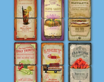 May include: Nine vintage-style signs with illustrations and text. The signs are in a grid pattern and feature various New Orleans themes, including Pimm's Cup, Mardi Gras King Cake, Muffuletta, Holy Trinity, Lucky Dog Cart, and Crawfish.