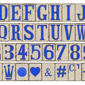 May include: Blue alphabet and number tiles with a distressed white background. The tiles include letters A-Z and numbers 1-9 and 0. There are also decorative tiles with symbols including a fleur-de-lis, a crown, a heart, an ampersand, a hashtag, a letter C, a hyphen, and an exclamation point.