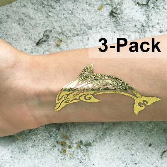 Or Dauphin Tatouages Tatouages Métalliques Temporaires Bijou Flash Tatouages Tatouages Autocollants De Peau Lété Sous Le Tatouage De Mer