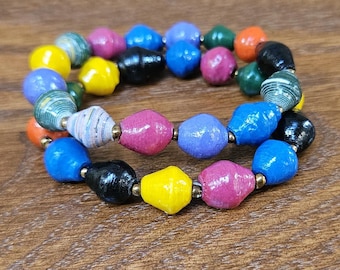 Paper bead bracelet, Bright multi-color, SET bracelets,  Uganda