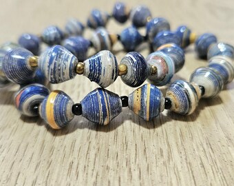 Recycled paper bead bracelet set, blue, Uganda
