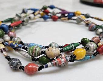 Long paper bead multi-colored necklace 64" to 72"" long