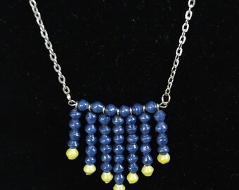 Paper bead necklace blue, yellow with silver chain,  Uganda