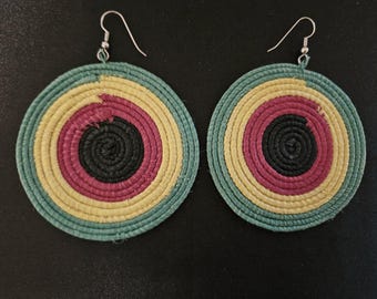 Handwoven coil earrings made in Uganda, Africa, African or Reggae colors