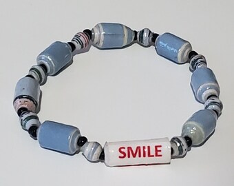 Light Blue SMILE Recycled Paper Bead Bracelet, Uganda, Africa