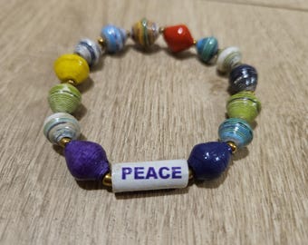 PEACE, multi-colored, Recycled Paper Bead Bracelet, Uganda