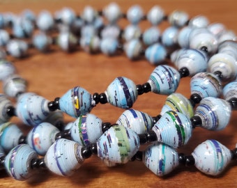 Blue Recycled Paper Necklace 58" Long, Uganda, Africa