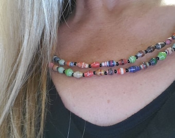 46"-50"" Recycled Paper Small Bead Necklace Multi-colored