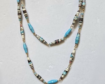 Necklace, 28",  blue paper beads, multi-colors, lay softly, Uganda
