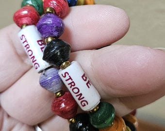 Recycled Paper 2 piece set bracelets, bright multi-colors, BE STRONG, Uganda, Africa