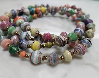 Long African Recycled Paper Necklace, multi-colors 52"-54"