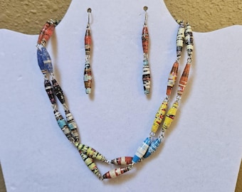 Multi colored necklace & earring set made from recycled paper,  Uganda
