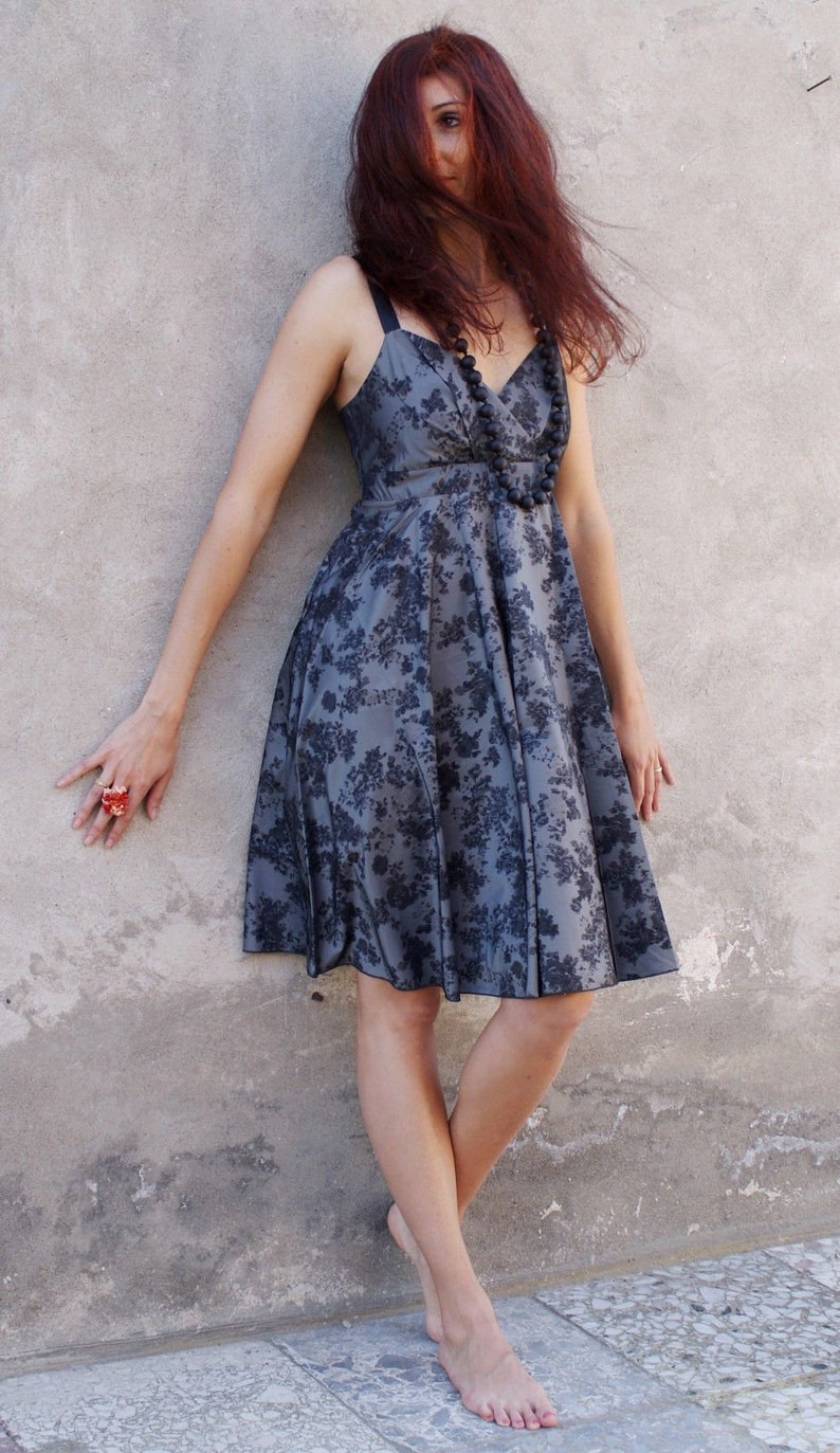 Flared Party Dress, Sleeveless, Wedding Party, Grey and Black, Floral Pattern, Resort, Summer Dress, Midi Dress, Cocktail Dress, NAF NAF Flared Party Dress, Sleeveless, Wedding Party, Grey and Black, Floral Pattern, Resort, Summer Dress, Midi Dress, Cocktail Dress, NAF NAF
