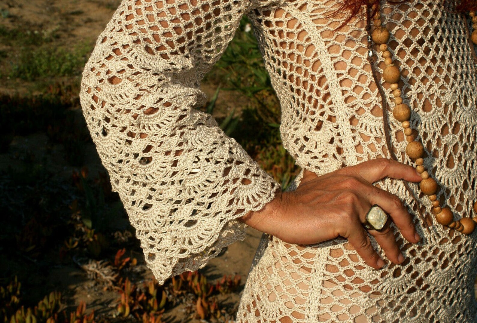 Next Level One-Shoulder Crochet Maxi Dress Beige