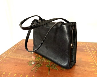 Vintage Leather Shoulder Bag, '60s Black Leather Black, Shoulder VIntage Purse, FAST DELIVERY