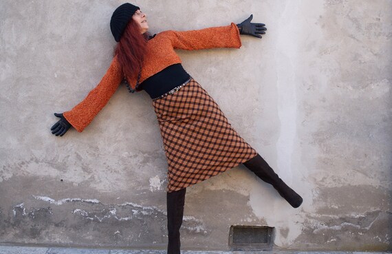 Plaid Wool Skirt, Orange/Rust, Tartan Midi Skirt,