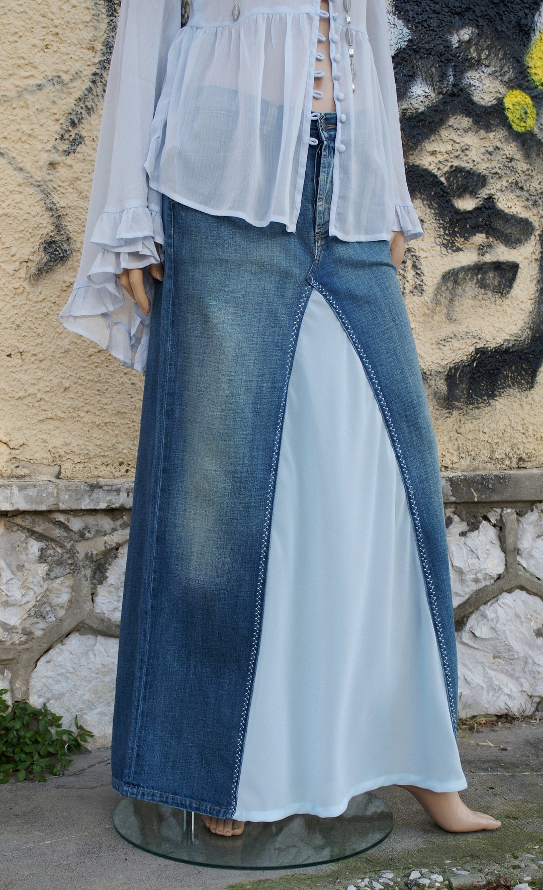 Denim Boho Skirt Upcycled Denim Skirt Denim Maxi Skirt Boho Etsy