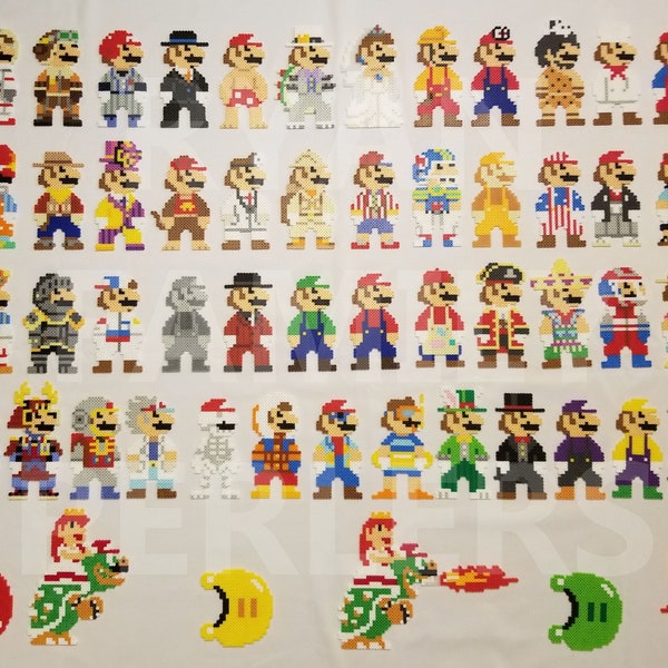 Super Mario Odyssey 8-bit Perlers - All Mario Costumes Available, Plus Power Moons, The Odyssey, &  8-bit Bowser/Peach