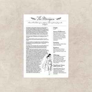 Puede incluir: Una ilustraci&oacute;n en blanco y negro de una mujer con un vestido largo y una capa, sosteniendo una espada. El texto "The Morrigan" est&aacute; en la parte superior de la imagen, con informaci&oacute;n sobre la Morrigan, una antigua diosa celta, debajo. El texto incluye informaci&oacute;n sobre su origen, &aacute;reas de influencia, s&iacute;mbolos, ep&iacute;tetos, ofrendas y fechas significativas.