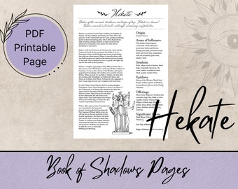May include: A printable page with a black and white illustration of Hekate, the Greek Goddess of Witchcraft, Magic, and the Crossroads. The page includes information about Hekate's origins, areas of influence, symbols, epithets, offerings, and significant times. The text is in a black font on a white background.