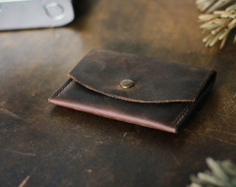 Leather purse wallet purse dark brown small minimalistish slim vintage style